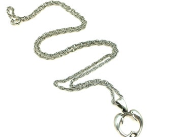 Vintage Sterling Silver Kissing Dolphins Heart Pendant Necklace - 19"