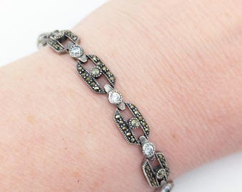 Sterling Silver Marcasite and CZ link Bracelet With Box Clasp - 7.25