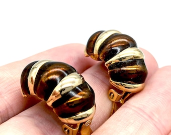 Brown Enamel & Gold Tone Half Hoop Clip Earrings Signed Gay Boyer - 7/8"