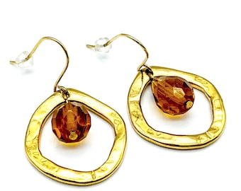 Vintage Gold Plated Hammered Circles & Citrine Crystal Dangle Earrings - 1.5"