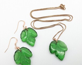 1/20th 14K Rose Gold Filled Gold Green Glass Earrings & Pendant Necklace Set