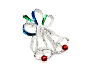 Vintage Silver, Red, Green & Blue Christmas Bells Brooch Signed Gerry's