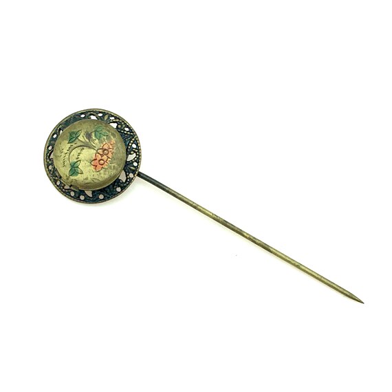 1930's Hand Painted floral Locket Stick Pin - image 2