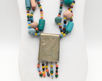 Vintage 1970s Native Made Turquoise Bead And Etched Tin Amulet Pendant Necklace - 28"