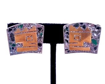 Sterling Silver, Brass & Crushed Malachite Stone Aztec Screw-Back Earrings Silver