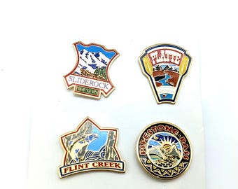 Montana Enamel Lapel Pins; Flint Creek, Sliderock, Platte River, Pipestone Pass