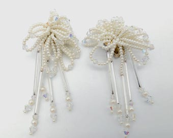 Vintage Iridescent White& Aurora Borealis Beaded Crystal Dangle Clip-On Earrings