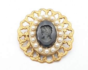Vintage Black Glass & Faux Pearl Cameo Brooch - 1.5"