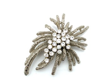 Vintage Silver Tone & Rhinestone Floral Spray Brooch - 2.5"