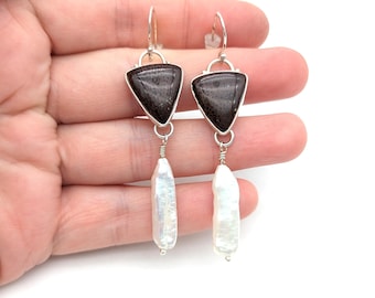 Spotted Brown Jasper, Baroque Pearl & Sterling Silver Dangle Earrings