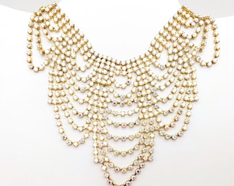 Aurora Borealis Rhinestone Bib Necklace or Choker - 13-16" Adjustable