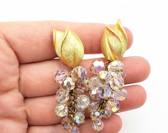 Vintage Aurora Borealis Crystal Cluster Dangle Earrings With Gold Leaf Top & Clip-on Backs - 2 3/8"