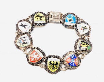 800 Silver Enameled German Travel Charm Link Bracelet - 8"