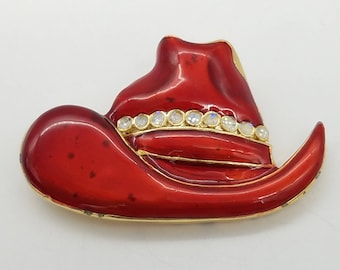 Vintage Enameled Red Cowboy Hat Brooch With Rhinestone Accent & Gold-Tone Background