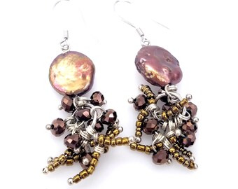 Sterling Silver & Copper Cultured Disk Pearl Beaded Fishhook Dangle Earrings