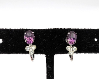 Sterling Silver & Purple Rhinestone Screw Back Stud Earrings