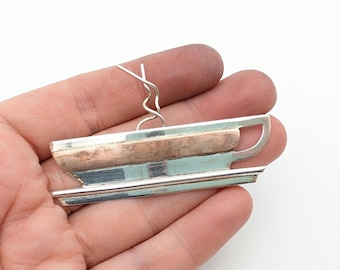 Unique Sterling Silver & Copper Coffee Cup Brooch Signed Monaco Designs