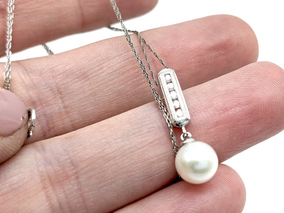 14K White Gold, Pearl & Diamond Pendant - image 9