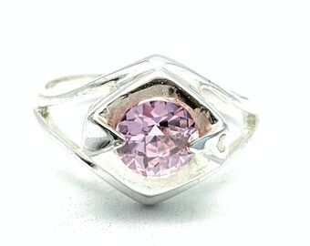 Pink CZ & Sterling Silver Solitaire Ring - Size 6