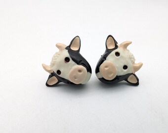 Vintage Resin Figural Cow Head Stud Earrings - 24mm