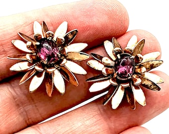 Vintage Rose Gold Vermeil Over Sterling Silver Purple Rhinestone Flower Screw Back Earrings