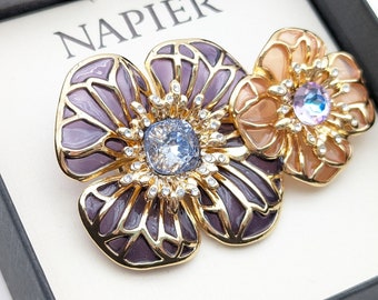 Vintage Purple & Pink Lucite and Rhinestone Flowers Brooch Signed Napier in Original Box