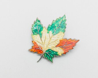 Vintage Sterling Silver & Guilloche Enamel Maple Leaf Brooch Signed ECCO - 1 5/8"