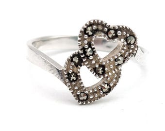 Sterling Silver & Marcasite Double Heart Ring - Size 8.5