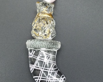2 Glass Christmas Stocking & Bear Ornaments with 24K Gold Accents
