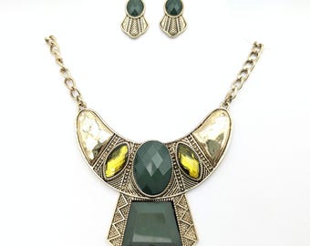 Vintage Egyptian Revival Gold Tone & Green Lucite Pendant Necklace and Earrings Set