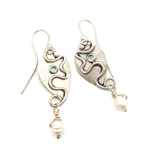 Vintage Artisan Blue Topaz, Pearl & Sterling Silver Dangle Earrings