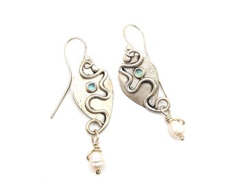 Vintage Artisan Blue Topaz, Pearl & Sterling Silver Dangle Earrings