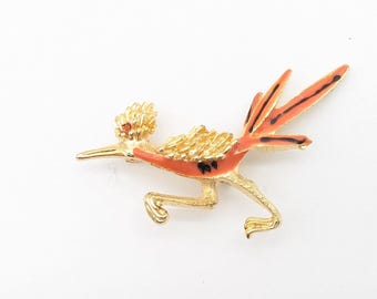 Vintage Gold Tone & Orange Enamel Roadrunner Brooch - 2"