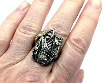 Vintage Oxidized Silver Plated Grim Reaper Men's Biker Ring Signed G&S  - Size 10.5
