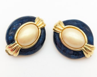 Designer Navy Enamel & Gold Faux Pearl Clip on Circle Earrings Signed Gennie Johanson