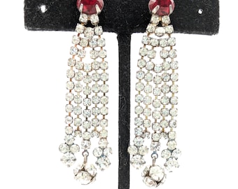 1950s Red & Clear Crystal Rhinestone Waterfall Dangle Earrings - 2.5"
