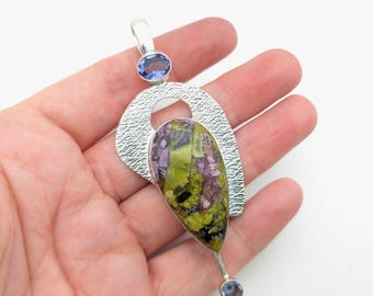 Vintage Artisan Stichtite, Amethyst and Sterling Silver Pendant