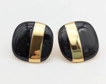 vintage Monet Gold Tone - Boucles d’oreilles à clip en émail noir - 7/8 »