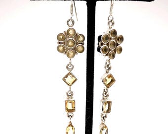 Sterling Silver & Citrine Floral Statement Dangle Earrings - 3.25"