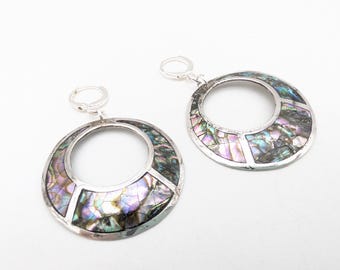 Vintage Taxco Sterling Onyx & Abalone Inlay Dangle Earrings - 2"