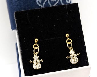 18K Gold Vermeil Sterling Silver CZ Snowman Earrings, Holiday Jewelry