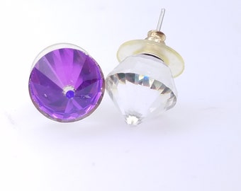 Vintage Color Change Iridescent Purple & White Crystal Stud Earrings - 1/2"