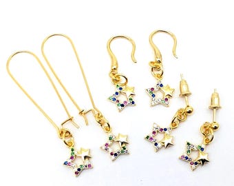 Gold Vermeil Sterling Silver Rainbow CZ Star Dangle Earrings, Holiday Jewelry
