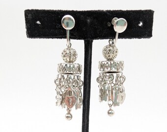 1960s Jhumka Style Silver Lock and Key Dangle Earrings - 2.25"
