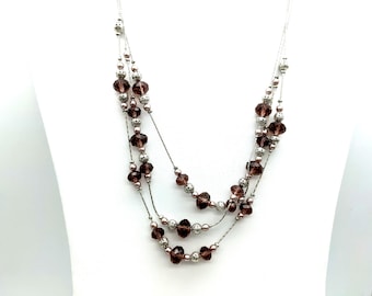 Signed 2028 Triple Strand Purple &Silver Beaded Chain Necklace - 16-19" Adjustable
