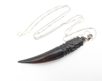Vintage Carved Wood Claw & Sterling Silver Pendant Necklace = 20"
