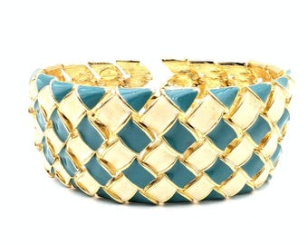 Turquoise Blue & White Enamel Gold Tone Link Bracelet Signed Graziano - 7.25"