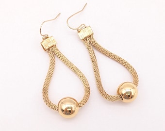 Gold Mesh Wire & Ball Dangle Earrings Signed SW