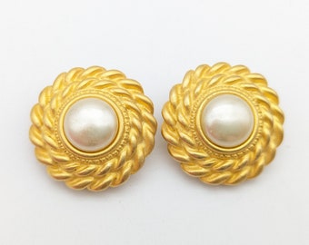 Designer Matte Gold Rope & Faux Pearl Clip on Circle Earrings Signed GJD