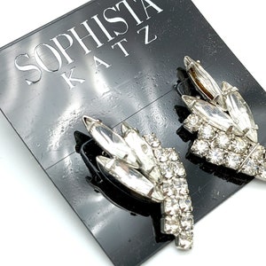 Vintage Silver Tone & Rhinestone Spray Earrings - Old Stock